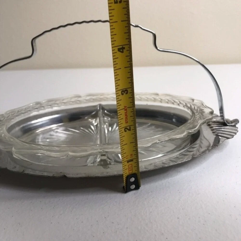 Vintage Divided Glass Metal Handle Serving Condiment Entertainment Holiday Tray